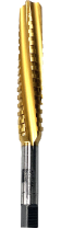 Gold-colored spiral flute roughing end mill cutter on a white background.
