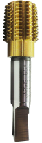 Gold-colored threaded metal tap tool with a square shank for machining, isolated against a white background.