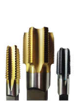 Three industrial metal threading taps of different sizes and coatings arranged against a white background.
