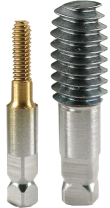 Two different sizes of metal screw-type drill bits with hexagonal shanks against a white background.