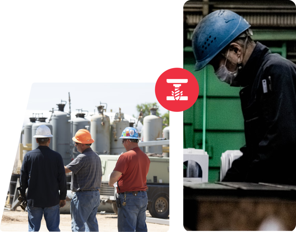 Industrial workers in hard hats at an outdoor site alongside a worker in a blue helmet with a drilling icon overlay.