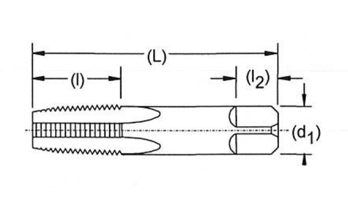 Technical diagram of a machine tap, illustrating dimensions for total length (L), thread length (l), shank length (l2), and (d1).