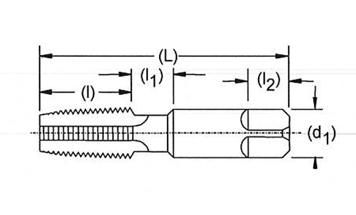 Technical drawing of a machine tap with dimensional measurement labels for total length and shank details.
