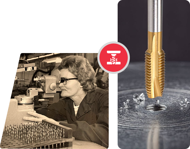 A sepia-toned historical photo of a woman using a machine, contrasted with a modern gold-colored industrial tap tool.