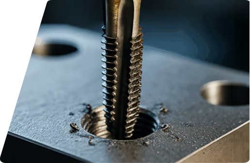 Metal screw tap machining a threaded hole in a steel block.