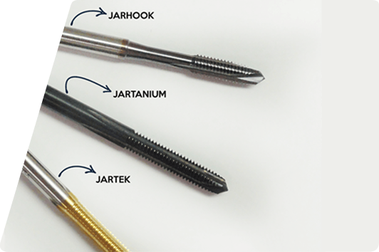 Three industrial metal taps labeled JARHOOK (silver), JARTANIUM (black), and JARTEK (gold) against a white background.