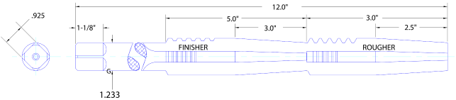 Technical drawing of a cylindrical tool with "FINISHER" and "ROUGHER" sections, labeled with dimensions in inches.