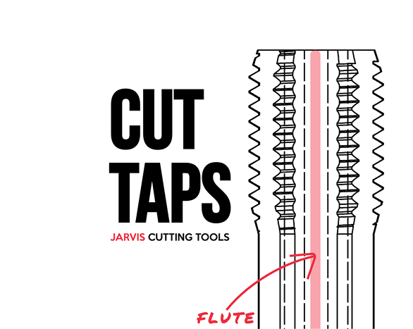 Technical diagram of a Jarvis Cutting Tools cut tap with a red arrow pointing to the flute.