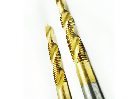 Two gold-colored spiral drill bits positioned side-by-side against a white background.