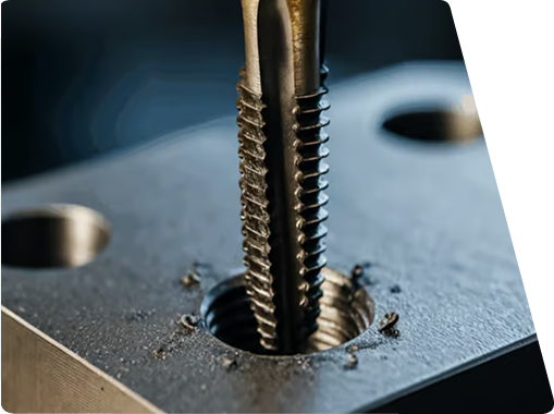 Close-up of a metal tap tool cutting threads into a hole on a steel plate.