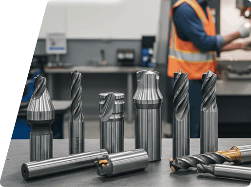 Various metal machining drill bits and milling cutters arranged on a workbench with a worker in the background.