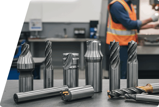 Various metal milling cutters and drill bits arranged on a workshop bench with a worker in the background.