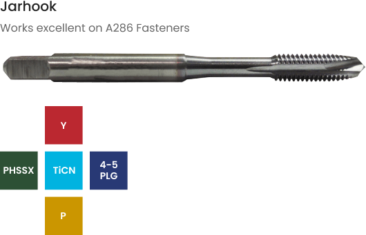 Jarhook metal tap with specification tiles: PHSSX, TiCN coating, 4-5 PLG, and Y/P designations for A286 fasteners.