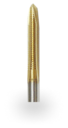 Gold-colored metal drill tap with spiral flutes for cutting internal screw threads.