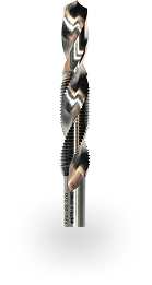 Metal drill bit with helical flutes, standing upright against a white background.