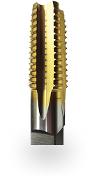 Gold-colored spiral point machine tap for cutting internal screw threads.