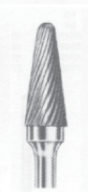 Tapered carbide burr with a rounded tip and spiral flutes on a shank.