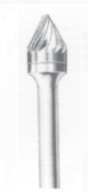 Pointed metal rotary burr file tool with a spiral fluted head.