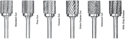 Six metal rotary burr heads showing different tooth patterns: standard, fine, coarse, extra coarse, diamond, and chip breaker.