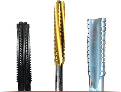 Three industrial machining taps or reamers with black, gold, and silver finishes, shown against a white background.