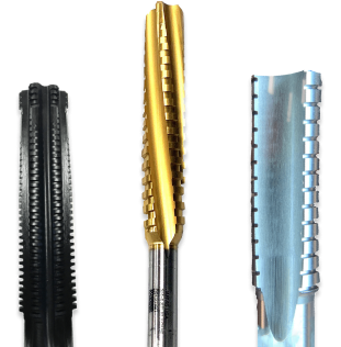 Three industrial milling cutters: one black, one gold, and one silver, displayed side-by-side on a white background.