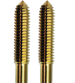 Two identical gold-colored metal threaded studs with pointed tips arranged vertically side-by-side.