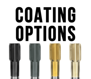 Four industrial taps in different finishes—black, gray, gold, and brass—under the bold text heading "COATING OPTIONS."