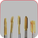 Five gold-colored metal screw thread cutting taps arranged in a row against a light grey background.