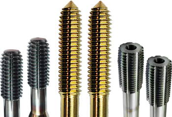 Six industrial metal taps with various thread profiles and finishes arranged in a row against a white background.