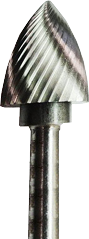 Pointed, carbide rotary burr bit with spiral flutes for grinding and metalworking.