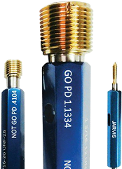 Three blue-handled precision thread plug gauges with brass threaded ends, labeled with specifications and "Jarvis" branding.