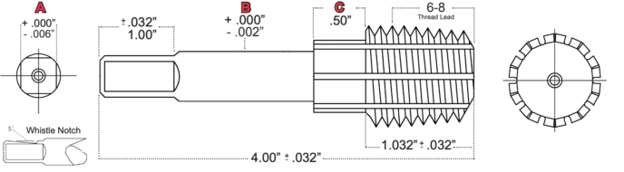 Technical drawing of a threaded metal cutting tool with labeled dimensions, tolerances, and a whistle notch detail.