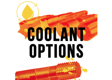 Coolant Options text graphic featuring industrial taps with coolant droplet icons.