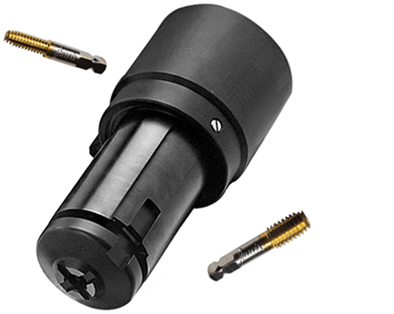 Black industrial collet chuck with two gold-colored metal taps floating on a white background.