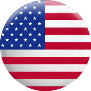 Circular United States flag pin button with a glossy finish.